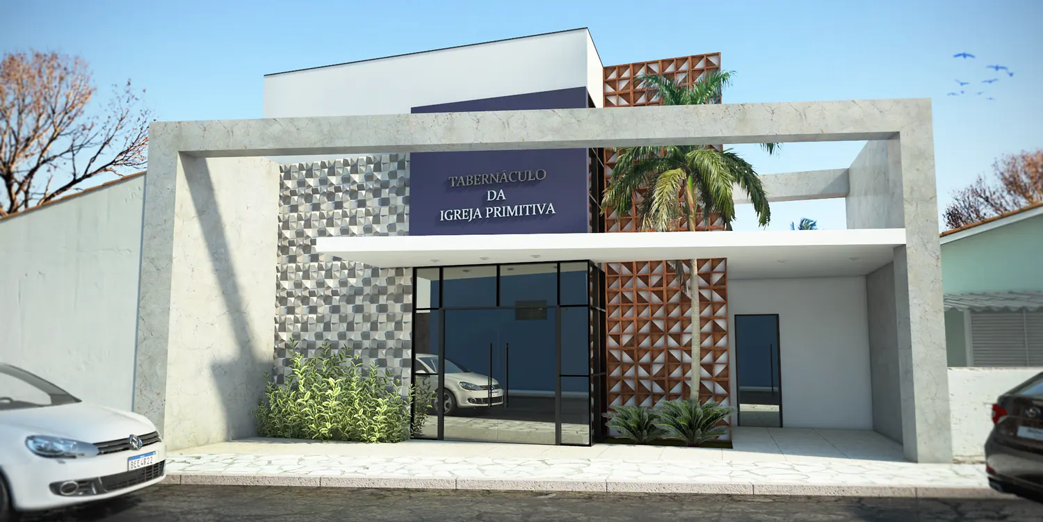 Fachada da Igreja Primitiva com cobogós e jardim